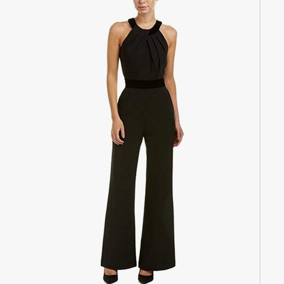 Eliza J Women’s Black Crepe Velvet Halter Pleated Black Party Jumpsuit S…